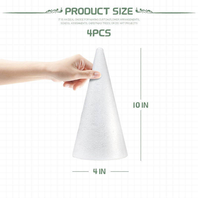 AHKUNMT 4 Pack Craft Foam Tree Cones, 10 * 4in Styrofoam Cones for Craft, White Large Polystyrene Foam Cones for Craft Use for DIY Art Projects, Christmas Tree Holiday Decor and Holiday Gnomes(10 * 4in-4pc) - Image 2